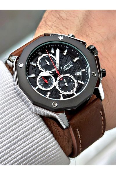 Ferrucci Function Function Brown Color 3 Atm Waterproof Leather Cord Men's Wristwatch
