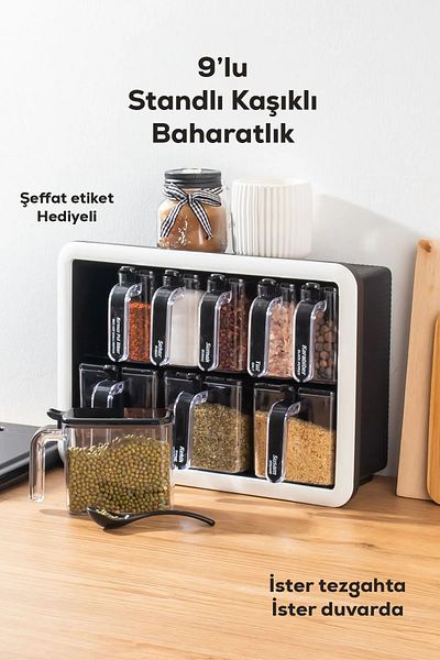 ANI OFİS KIRTASİYE A K 9-Piece Spice Rack Set Self-Adhesive Spice Rack Set with Spoon and Lid