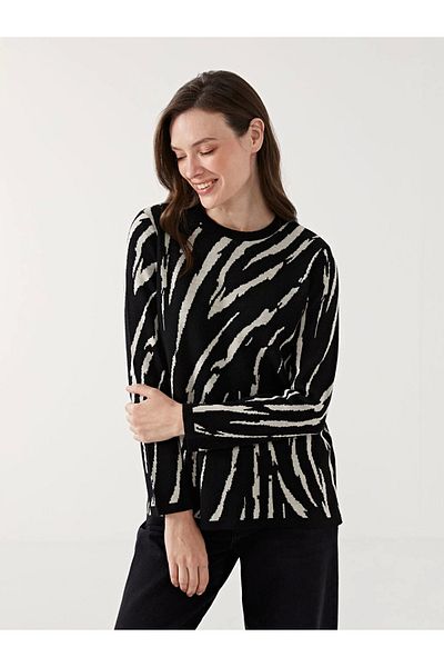 LC Waikiki Lcw Grace Black Crew Neck Patterned Women's Knitwear Sweater