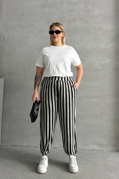 Stil Diva Plus Size Elastic Waist and Leg Striped Pocket Trousers 89-70