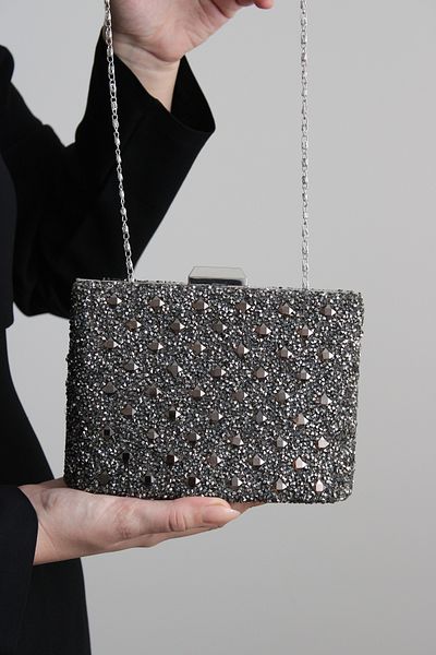 Mimoza Women's Platinum Double-Way Stone Evening Bag with Movable Handle and Chain Strap