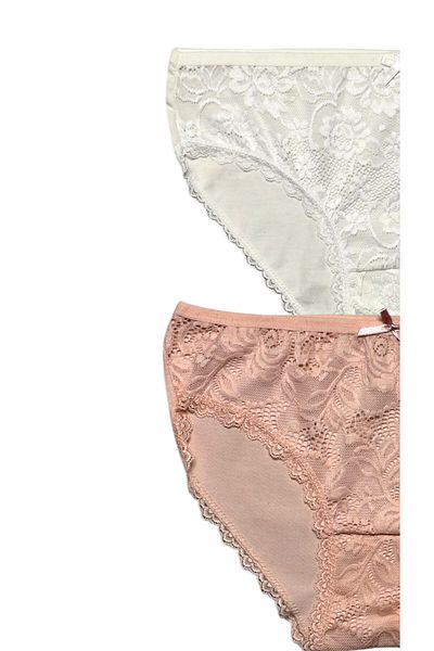 Gizli Butik Pachet de 2 chiloți bikini din dantelă de bumbac pentru femei - Ecru Yavruağzı