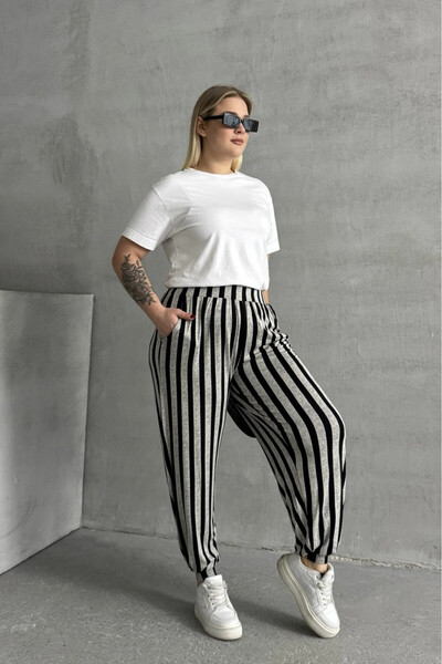 Stil Diva Plus Size Elastic Waist and Leg Striped Pocket Trousers 89-70