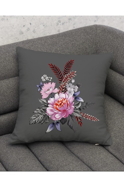 Şah Dekor Modern Designed Gray Floor Floral Patterned 4-Piece Digital Printed Gift Pillow Throw Pillow Cover