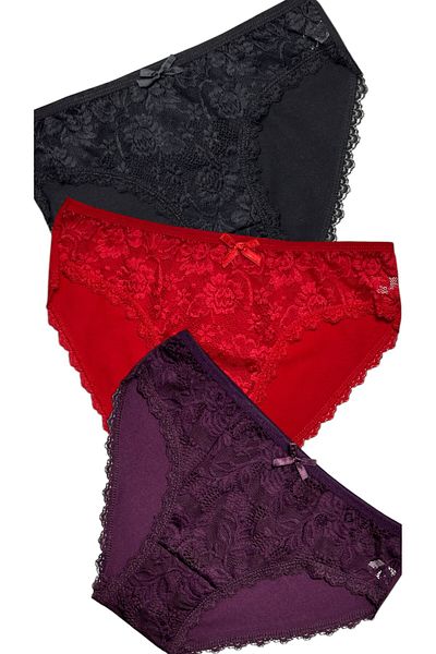 Gizli Butik Pachet de 3 chiloți bikini din bumbac pentru femei - dantelă în față neagră, roșie, violet