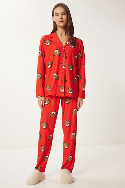 Lovelyİstanbul Red Patterned Velvety Knitted Pajamas Set - Lfp0002
