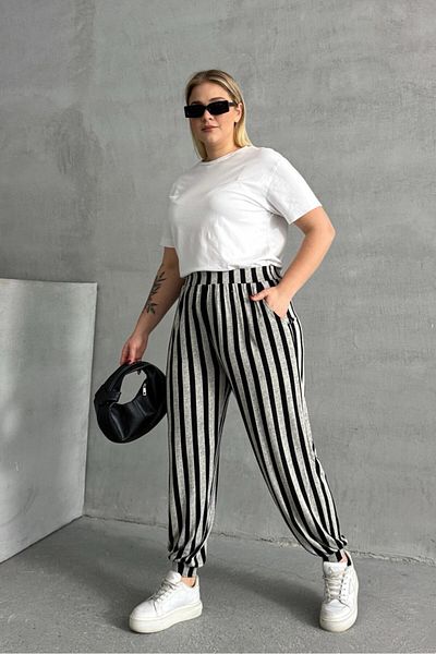 Stil Diva Plus Size Elastic Waist and Leg Striped Pocket Trousers 89-70