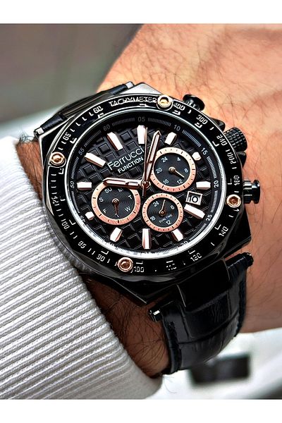 Ferrucci Function Function Black Color 3 Atm Waterproof Leather Cord Men's Wristwatch