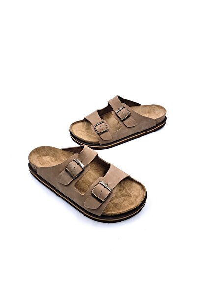 Hammer Jack Hakiki Nubuk Deri Çift Tokalı Kum Bej Erkek Terlik