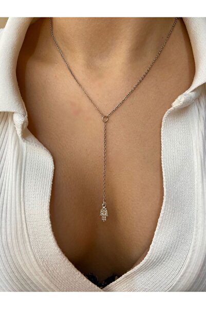 Arsaley Collection Gümüş Hamsa Charm Dekolte Çelik Y Kolye