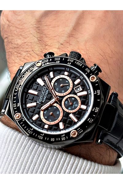 Ferrucci Function Function Black Color 3 Atm Waterproof Leather Cord Men's Wristwatch