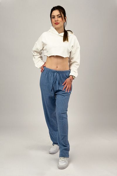 Betimoda Blue Cotton Soft Textured Oversize Women's Tracksuit Pajama Bottoms - Elastic Waist