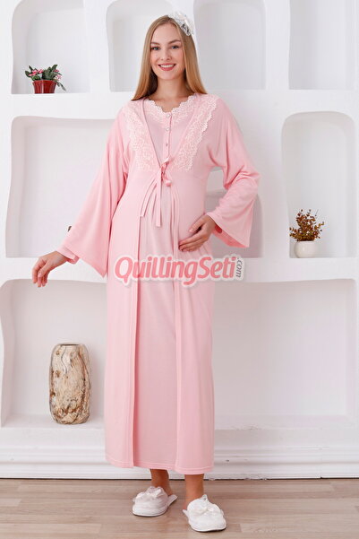 quilling طقم ثوب نوم للحوامل مكون من قطعتين بلون السلمون مع فستان صباحي بتفاص...