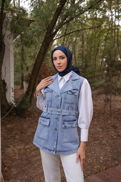 Nefise Denim Four Pocket Belted Vest