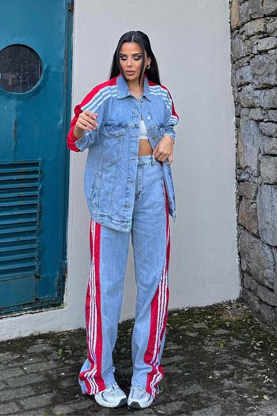 trendalisse Women's Denim Garnished Side Stripe Palazzo Bottom Top Suit