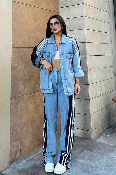 trendalisse Set de blugi de damă Garnish cu dungi laterale Palazzo Bottom Top