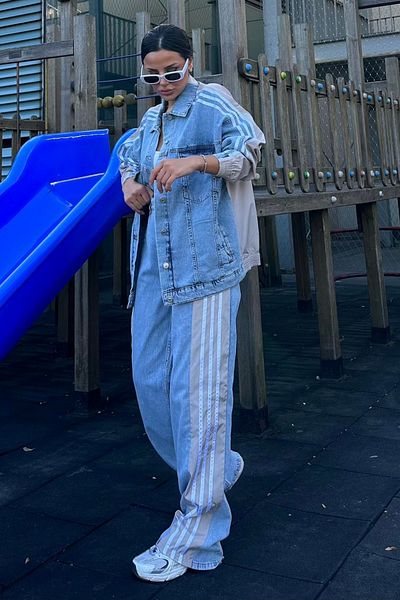 trendalisse Women's Denim Garnished Side Stripe Palazzo Bottom Top Suit
