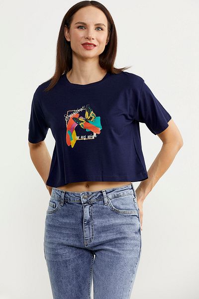 Sementa Oversize εμπριμέ Crop T-shirt - Navy Blue