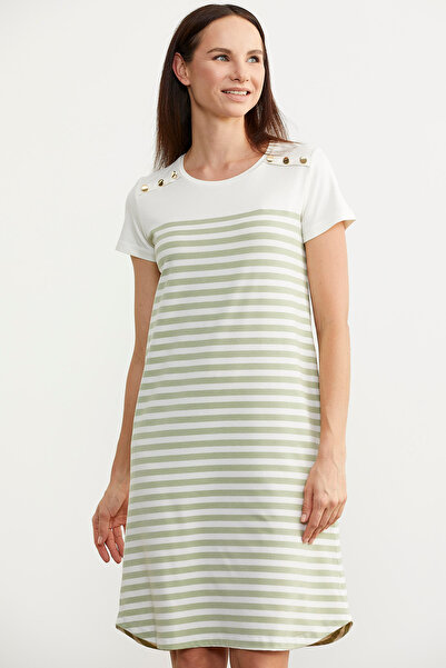 Sementa Ριγέ χτενισμένο βαμβακερό φόρεμα με λεπτομέρεια με κουμπί - Πράσινο