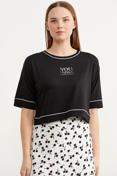 Sementa Μπλουζάκι Oversize Crop με λεπτομέρεια με γκλίτερ - Μαύρο