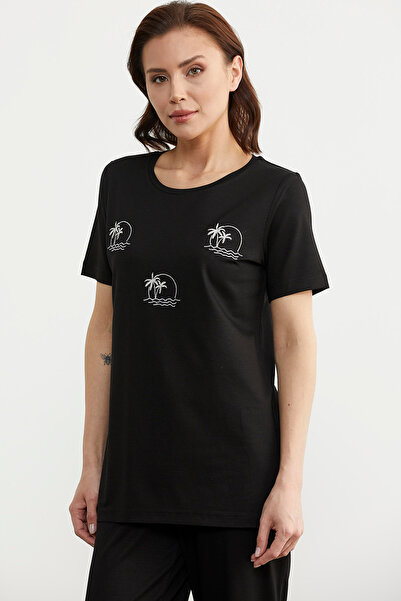 Sementa Black Palm Embroidered Draped Combed Cotton Set