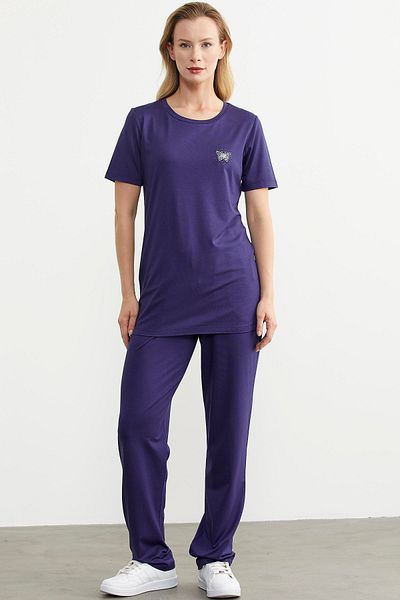 Sementa Navy Blue Embroidery Detailed Combed Cotton Pants Set