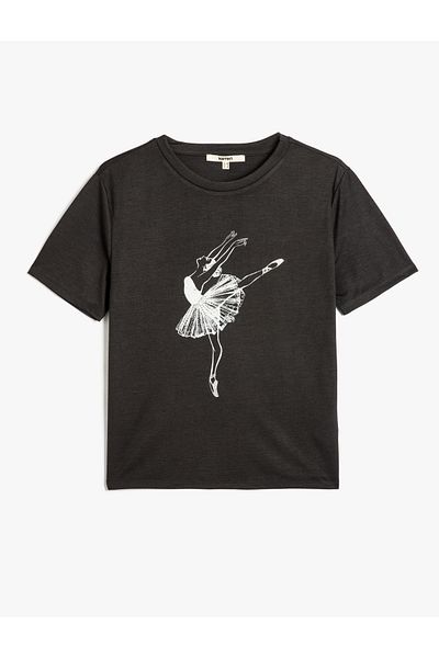 Koton Viscose Fabric Blended Crew Neck Short Sleeve Ballerina Print T-Shirt