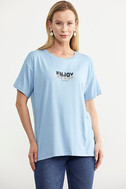 Sementa Tricou din bumbac pieptănat cu imprimeu fluid albastru