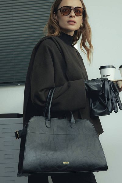 BE BLUE Black Belted Leather Tote Bag
