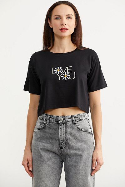 Sementa Tricou crop oversize imprimat - negru
