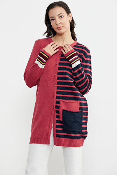 Sementa Cardigan de tricotaj cu buzunar cu dungi - trandafir