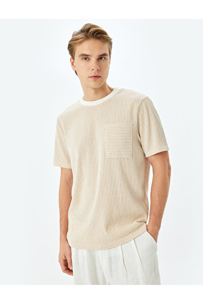 Koton Cep Detaylı Bisiklet Yaka Boxy Fit Kısa Kollu Çizgili Tişört