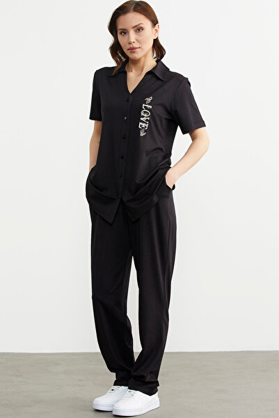 Sementa Nakış Detaylı Gömlek Pantolon Takım - Siyah