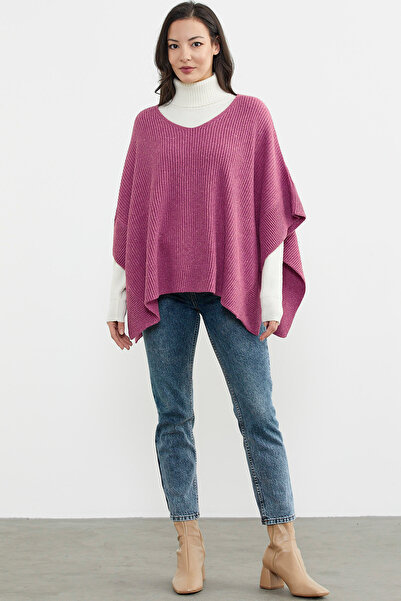 Sementa Poncho de tricotaj cu decolteu în V - trandafir