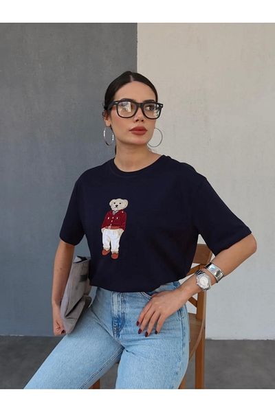 Askı Nişantaşı Γυναικείο μπλουζάκι με κέντημα με αρκουδάκι Navy Blue