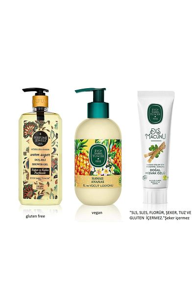 Eyüp Sabri Tuncer Warm Sugar Shower Gel 750Ml,Hawaii Ananas Lotion 280ml, Wet Tooth Paste 90ml