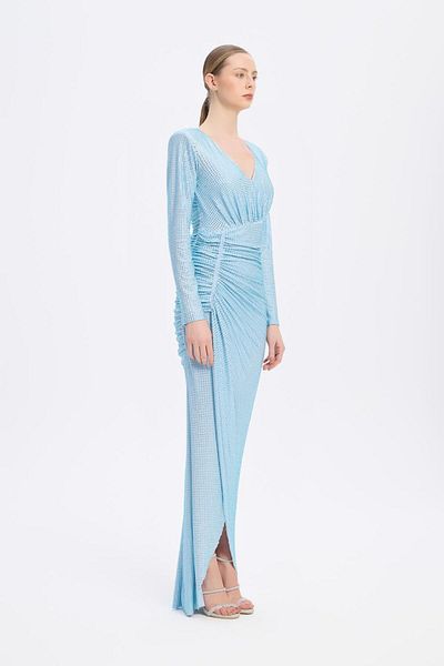 CENGIZ AKTURK Draped Rhinestone V Neck Long Evening Dress - 1015C