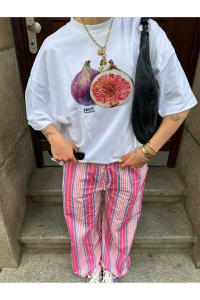 stg spor toptan giyim Дамска бяла широка тениска с принт на смокини