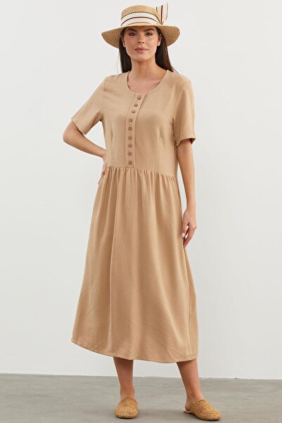 Sementa Large Size Gathered Waist Crepe Dress - Beige