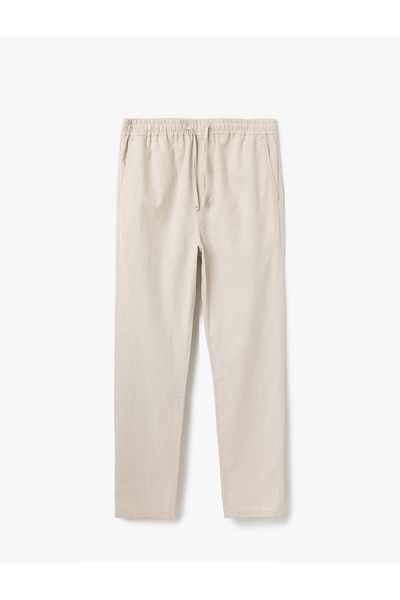 Koton Gestreifte Sommer-Chinohose aus Leinen-Baumwollmischung mit Taschendetail und Schnürung an der Taille