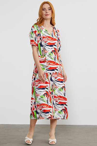 Sementa V-Neck Plus Size Dress with Pocket Detail - Ecru