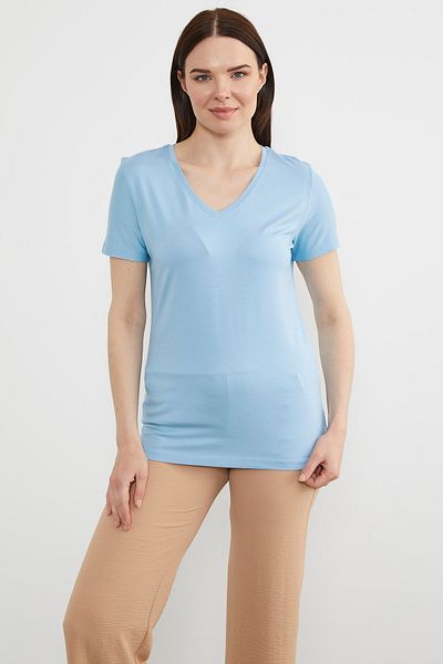 Sementa Tricou de bază cu decolteu în V albastru