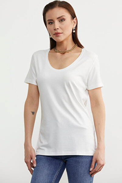 Sementa Μπλουζάκι Ecru Combed Cotton - Ανοιχτό γιακά και ντραπέ σχέδιο