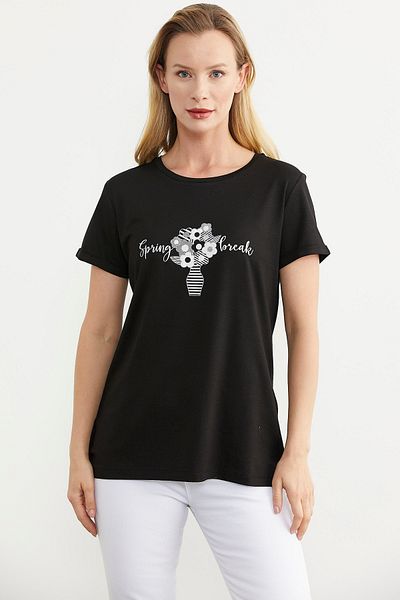 Sementa Tricou cu imprimeu floral negru cu ajustare normală