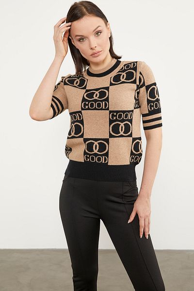 Sementa Patterned Short Sleeve Double Color Knitwear Sweater - Black