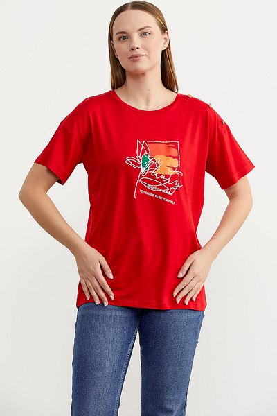 Sementa Tricou imprimat cu nasturi pe umăr - roșu