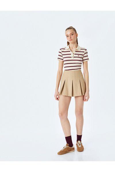 Koton Striped Short Sleeve Polo Neck Embroidery Detail T-Shirt
