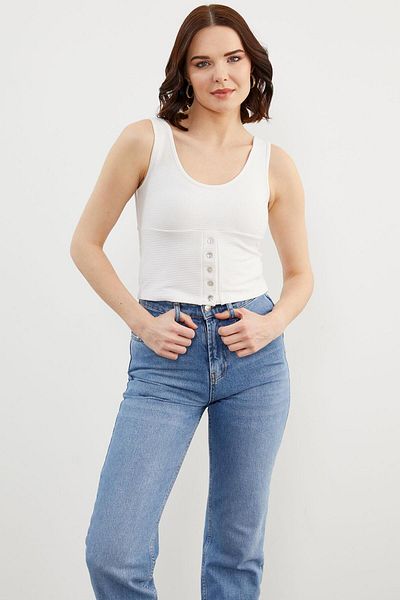 Sementa Tricou crop cu nervuri cu detaliu cu bretele - alb