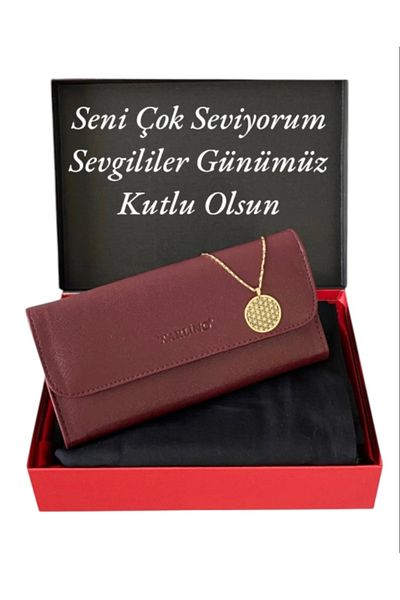 Carlino Valentine's Day Women's Burgundy Wallet Black Shawl and Flower of Life Necklace