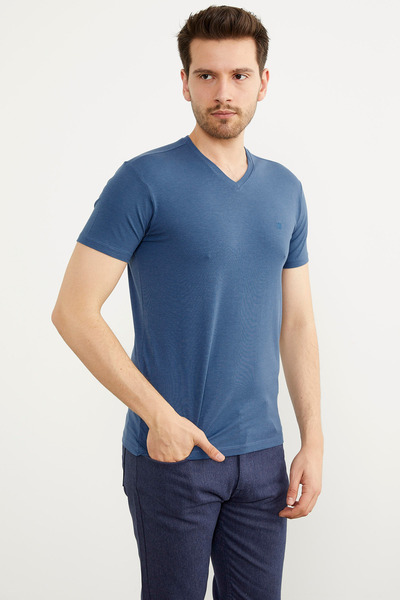 Sementa Βασικό κοντομάνικο μπλουζάκι με λαιμόκοψη V - Μπλε